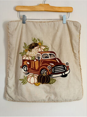 Pier 1 Imports Accent Pillow Cover Beige Brown Pumpkin Truck Embroidery Autumn